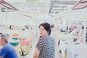 Store Street Prints: Woman shopping at Thai street food market vintage style can buy food vegetable and fruit in cheap price