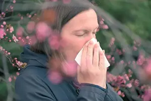Handkerchief Prints: Woman sneezing in front of blooming cherry tree in spring allergy concept, selective focus
