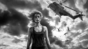 Ghost Prints: Woman soldier and falling helicopter on background