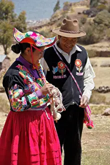 Embroidered Prints: Woman spinning wool, Capachica Peninsula, Lake Titicaca, Peru