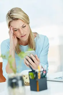 Gossip Prints: Woman, stress and reading in office with phone for social media gossip