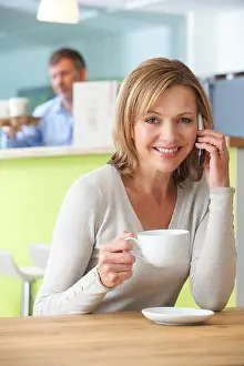 Forties Prints: Woman Talking On Mobile Phone In Coffee Shop