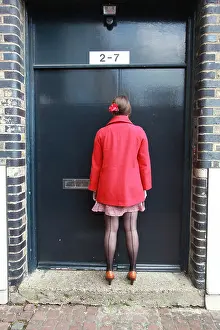 Stockings Prints: Woman, back view, wearing black seamed stockings