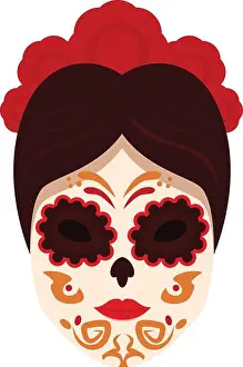 Headpiece Prints: Woman wearing traditional calavera makeup with red floral headpiece celebrating day of the dead