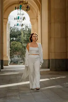 Pants Prints: Woman White Outfit Arched Building Entrance Sunlight
