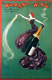 Woman and Wine 1912 Edwardian theatre poster by Dudley Hardy with a lady rather wasting her champagne