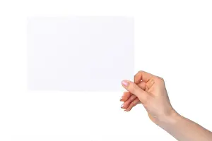 Give Prints: Woman's hand holding blank white sheet of paper isolated on white