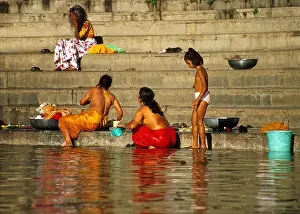 Udaipur Prints: Women and Girl Bathing, Lake Pichola, Rajasthan, India