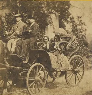 1858 Prints: Two women in a horse-drawn carriage with two men drivers wearing top hats