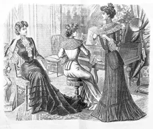 Women in music room playing piano wearing vintage festive clothing