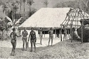 African Ethnicity Prints: Women from the village of Coffin building a hut