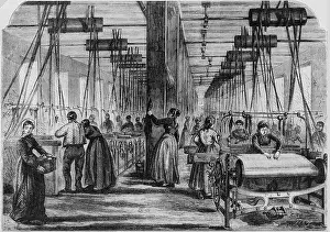 Weaving Prints: Women working in a textile mill in the Vosges region (France) Engraving from the 19th century Private collection
