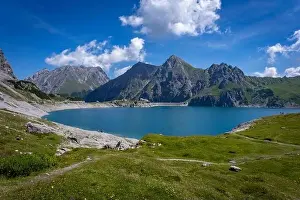 Wonderful landscape at the Luenersee with dam wall and rocks in Vorarlberg, Austria