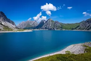 Wonderful landscape at the Luenersee with dam wall and rocks in Vorarlberg, Austria