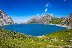 Wonderful landscape at the Luenersee with dam wall and rocks in Vorarlberg, Austria