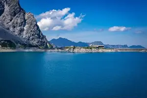 Wonderful landscape at the Luenersee with dam wall and rocks in Vorarlberg, Austria