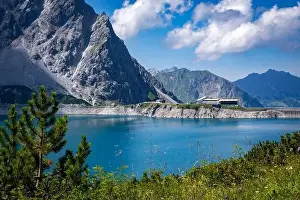 Cable Car Prints: Wonderful landscape at the Luenersee with dam wall and rocks in Vorarlberg, Austria