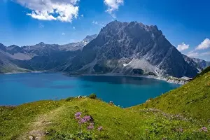Cable Car Prints: Wonderful landscape at the Luenersee with dam wall and rocks in Vorarlberg, Austria