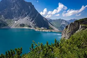 Cable Car Prints: Wonderful landscape at the Luenersee with dam wall and rocks in Vorarlberg, Austria