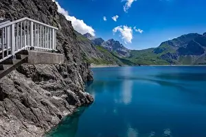 Cable Car Prints: Wonderful landscape at the Luenersee with dam wall and rocks in Vorarlberg, Austria