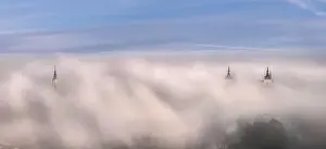 Alcazar De Toledo Prints: From above wonderful landscape of medieval castle built over city in misty colorful sunrise