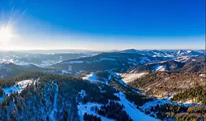 Wonderful landscapes of the Carpathian mountains covered with the first snow in Ukraine near the village of Pylypets