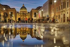 Images Dated 11th January 2017: Wonderful view of St Peter Cathedral, Vatican, Rome, Italy. Sunset sky with night city lights