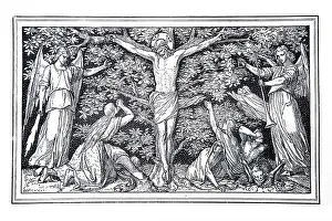 Angels Prints: Woodcut of Jesus Christ Crucified on the Tree of Life with Angels from a 1902 edition of Le Crucifix Sans