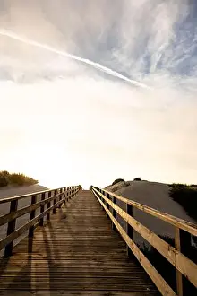 Golden Light Prints: A wooden boardwalk between the sand dunes towards the sea at a beautiful sunset