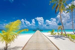 Images Dated 5th August 2019: Wooden bridge, jetty at tropical beach in the Maldives at sunny summer day