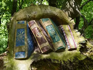 Summer Holidays Prints: Wooden Carving of Magic Spell Books taken at Crich Tramway Village in Derbshire