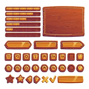 Yellow Vector Vectors Prints: Wooden and gold buttons for ui game