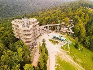 Wooden Loookout Tower in Slotwiny Arena, Krynica, Poland. Aerial Drone View