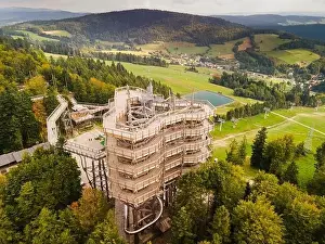 Treetop Prints: Wooden Loookout Tower in Slotwiny Arena, Krynica, Poland. Aerial Drone View