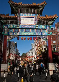 Archway Prints: wooden painted paifang entrance to chinatown dean street soho london