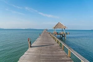 Images Dated 10th December 2017: Wooden pier with boat in Phuket, Thailand. Summer, Travel, Vacation and Holiday concept