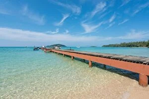 Images Dated 10th December 2017: Wooden pier with boat in Phuket, Thailand. Summer, Travel, Vacation and Holiday concept