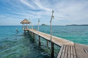 Images Dated 10th December 2017: Wooden pier with hut in Phuket, Thailand. Summer, Travel, Vacation and Holiday concept