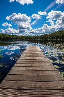Trampoline Prints: wooden plank foothpath boardwalk trampoline in the lake with blue water in summer