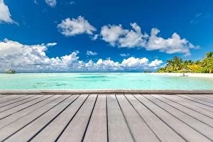 Images Dated 7th May 2018: Wooden table product display with a summer vacation, holiday background of tropical beach