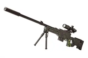 Replica Prints: Wooden toy sniper rifle with telescopic sight isolated on white background