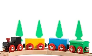 Wooden toy train on isolated white background