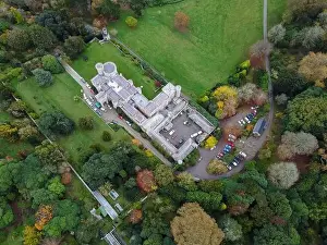 woodland around caerhays castle aerial drone Cornwall England uk