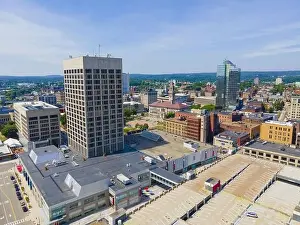 Worcester Prints: Worcester city center aerial view including Mercantile Center building near city hall with modern skyline at background