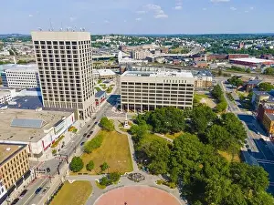 Worcester Prints: Worcester city center aerial view including Mercantile Center building near city hall with modern skyline at background