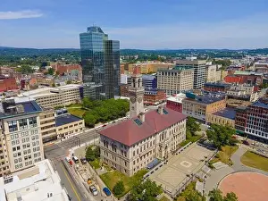 Worcester City Hall aerial view and Worcester Plaza building on Main Street with modern skyline at the background