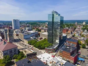 Worcester City Hall aerial view and Worcester Plaza building on Main Street with modern skyline at the background