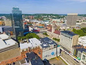 Worcester City Hall aerial view and Worcester Plaza building on Main Street with modern skyline at the background