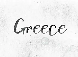 The word Greece concept and theme painted in watercolor ink on a white paper