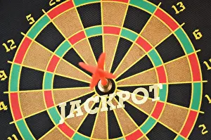 Ability Prints: Word Jackpot written on the circular target with a plastic feather in the center